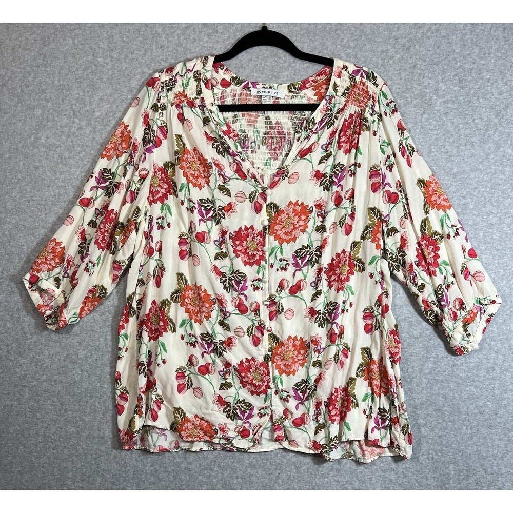 Rose + Olive Women's Floral Boho Blouse Cream Pink Orange Smocked 3/4 Sleeve 1X